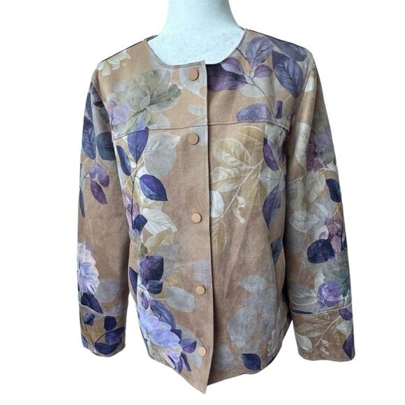 Chico’s Floral Faux Suede Cream Purple Pockets SZ 12 NWOT - Picture 1 of 15